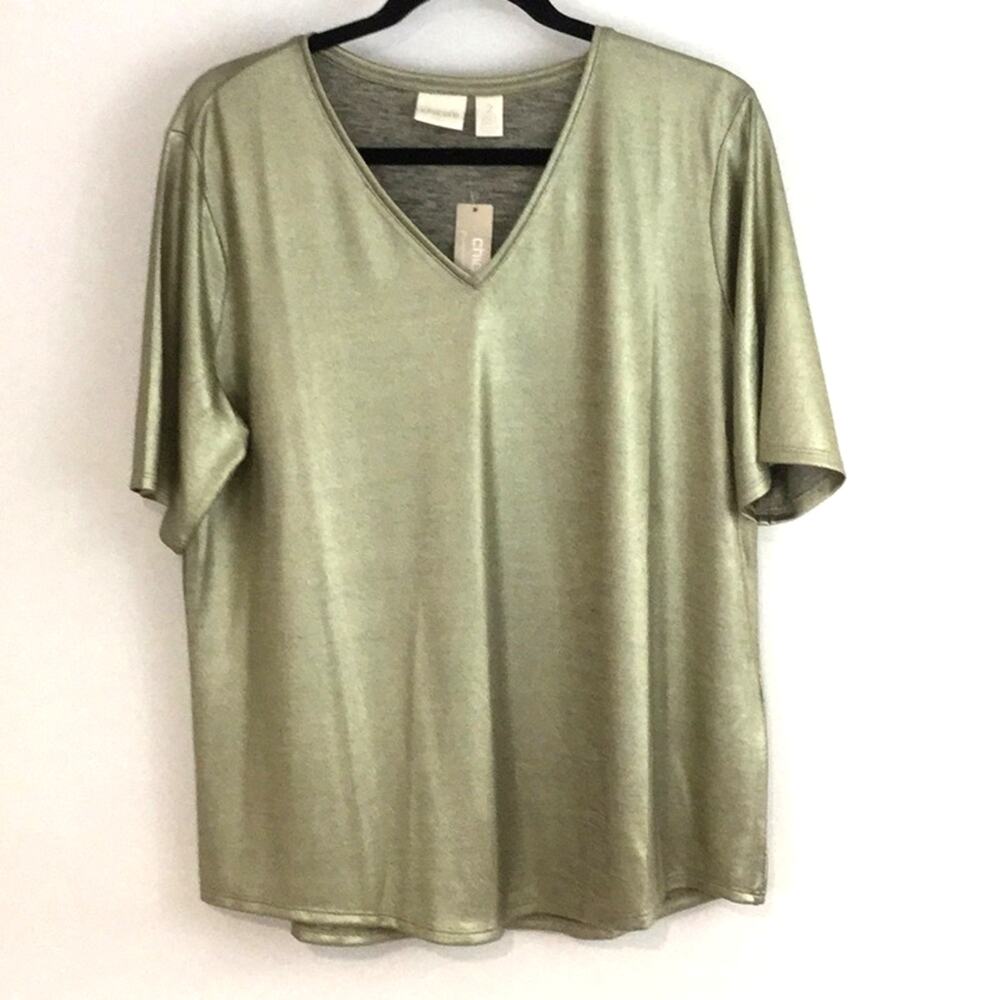 Chico's Metallic Foil Tee Fashion Green Shirt Womens Size 2 NWT
